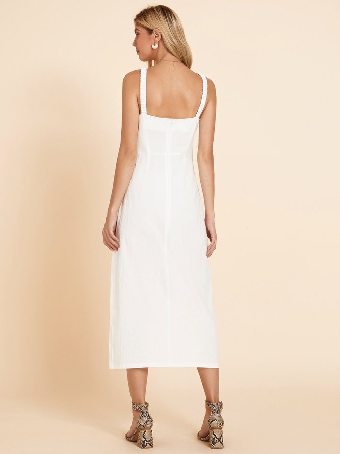 Off White Linen Buttoned Spaghetti-Strap Weaving Dress