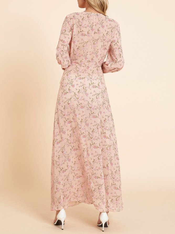 Pink Lace-Up Long Sleeve Chiffon Holiday Weaving Dress