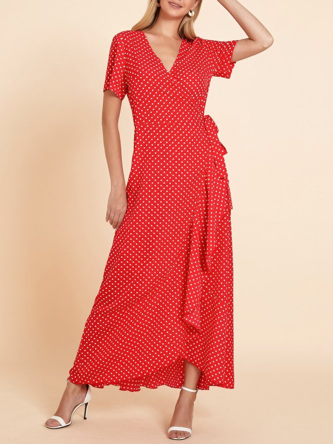 Red Lace-Up Polka Dots Swing Short Sleeve Weaving Dress