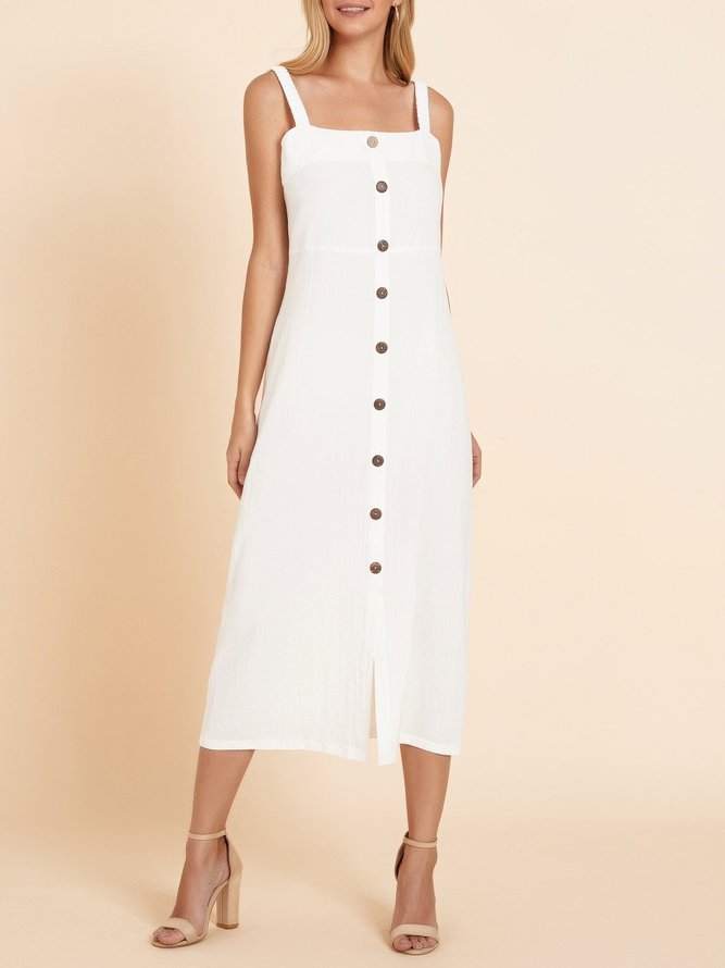 Off White Linen Buttoned Spaghetti-Strap Weaving Dress