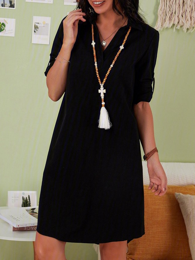 Black Short Sleeve Shirt Collar Midi Weaving Dress