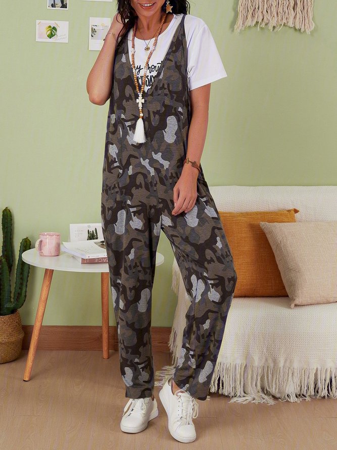 Army Green Casual V Neck Camo Jumpsuits