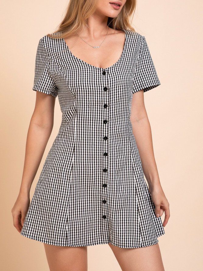 Black White Buttoned Casual Weaving Dress