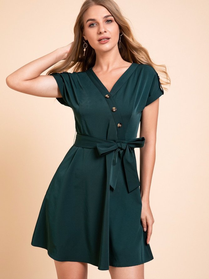 Green Tc V Neck Casual Plain Weaving Dress
