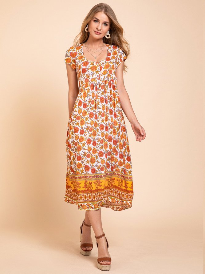 Orange Short Sleeve Floral Empire Weaving Dress