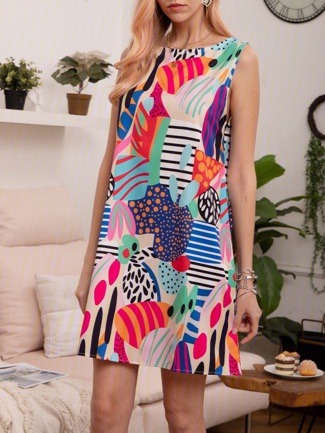 Multicolor Printed Crew Neck A-line Casual Weaving Dress