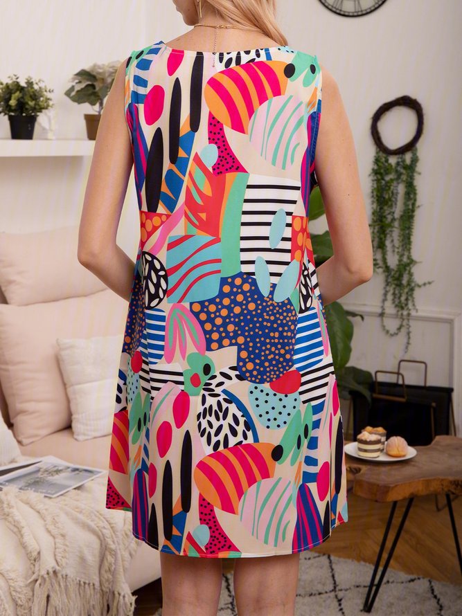 Multicolor Printed Crew Neck A-line Casual Weaving Dress
