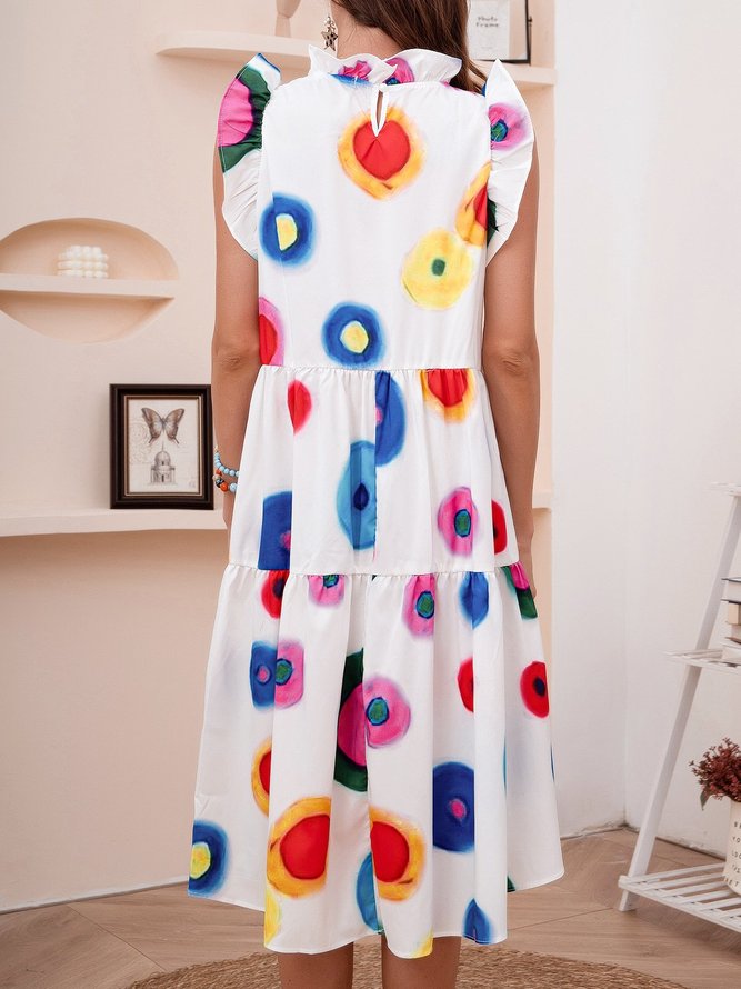 Polka Dots Printed Ruffled Sleeveless Casual Midi Dress