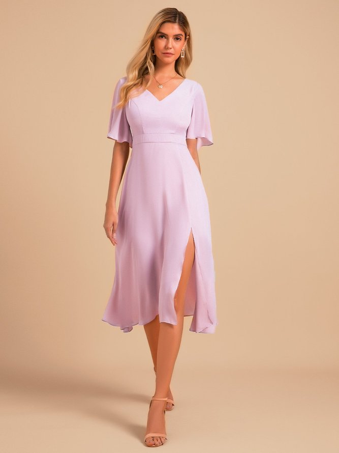 Light Purple Frill Sleeve Slit V Neck Weaving Dress