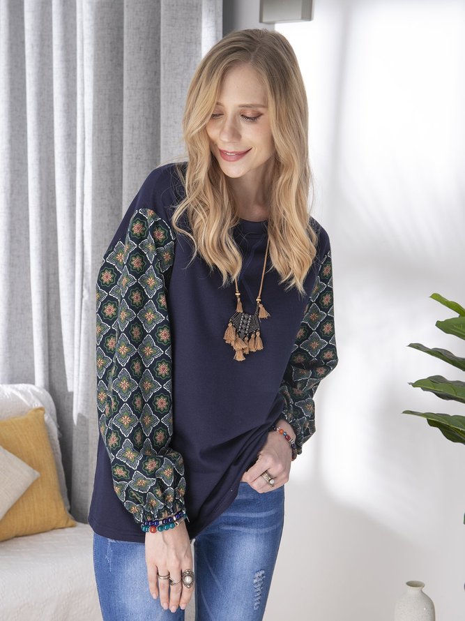 Brown ethnic printed round neck Sweater and casual patchwork Top