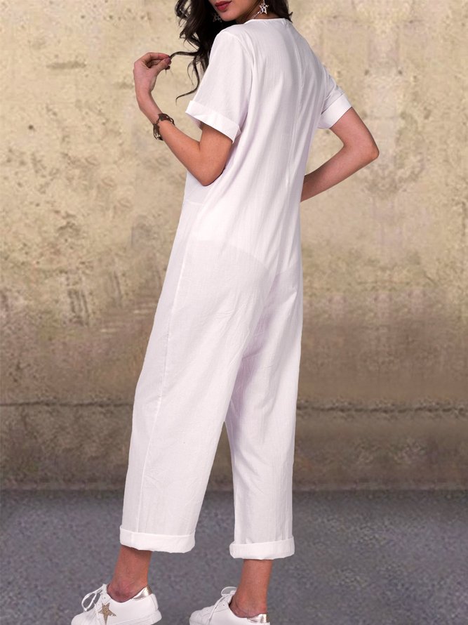 Casual Short Sleeve Printed Pockets Jumpsuits