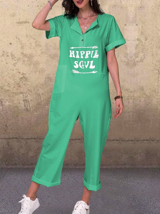 Casual Short Sleeve Printed Pockets Jumpsuits