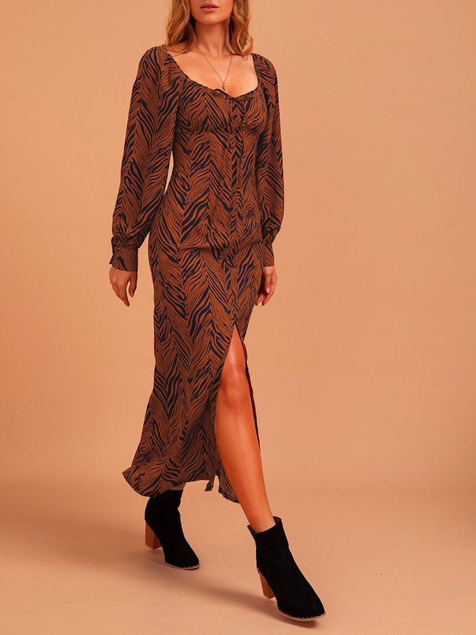 Brown Long Sleeve Animal Tc Slit Women Dress