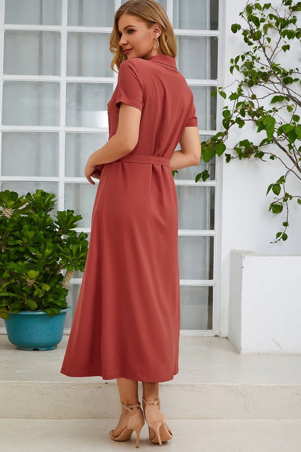 Red V Neck Short Sleeve Shift Weaving Dress