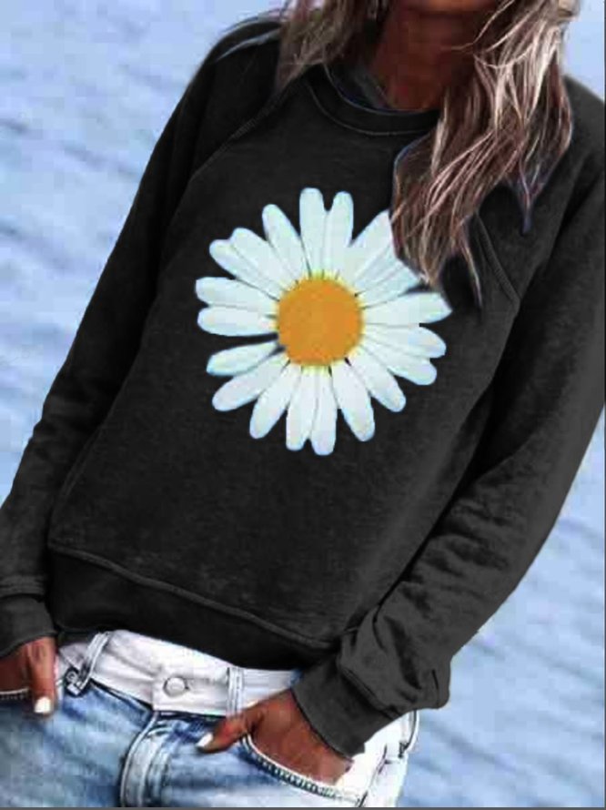 Women Blue Sunflower Printed Cotton-Blend Crew Neck Floral Sweatshirt