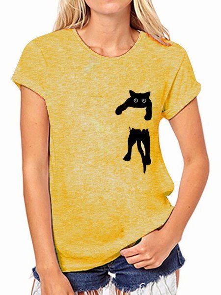 Short Sleeve Casual Cat Printed Top