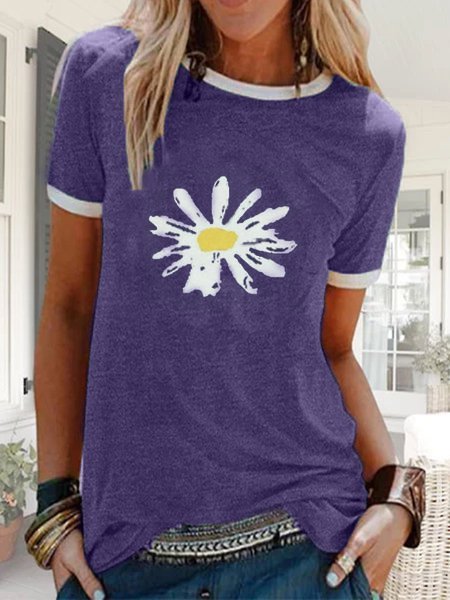Summer Casual Floral DaisyPrinted Short Sleeve Crew Neck T-shirt