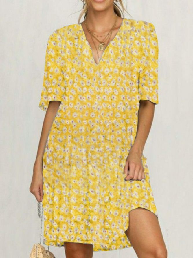 Women Daisy Short Sleeve Casual Floral Midi Dress