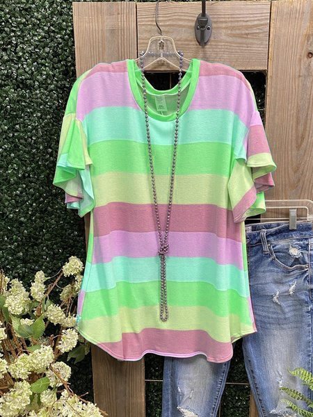 Cotton Striped Short Sleeve Casual Tops