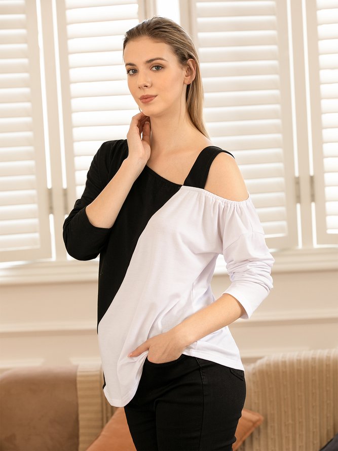 Off Shoulder Casual Cotton-Blend Long Sleeve Top