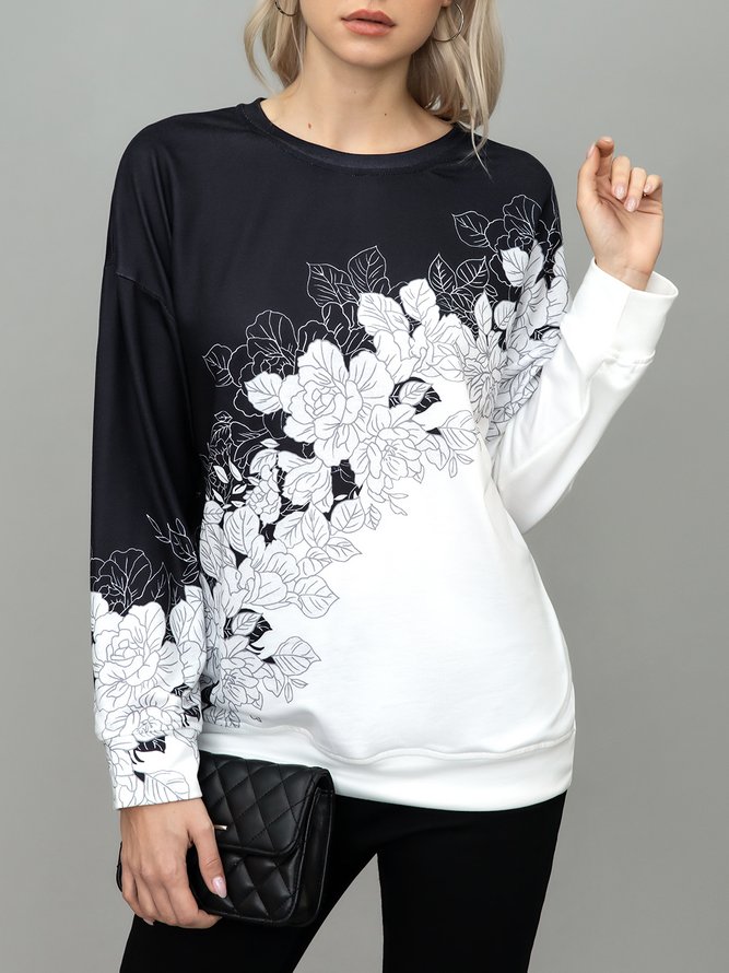 Long sleeve round neck black and white mosaic floral print sweater top