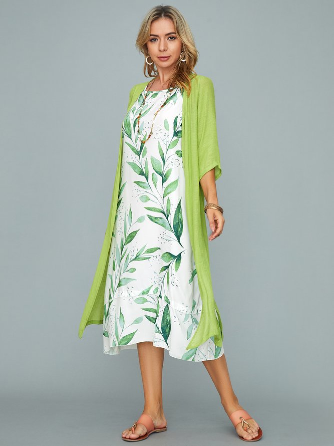 Round Neck Half Sleeve Vacation Plants Two Piece Dresses