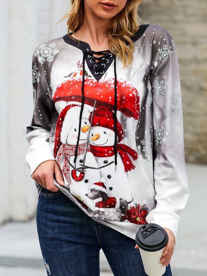 New long sleeve V-neck lace up elastic knitted top sweater women's Christmas Snowman print