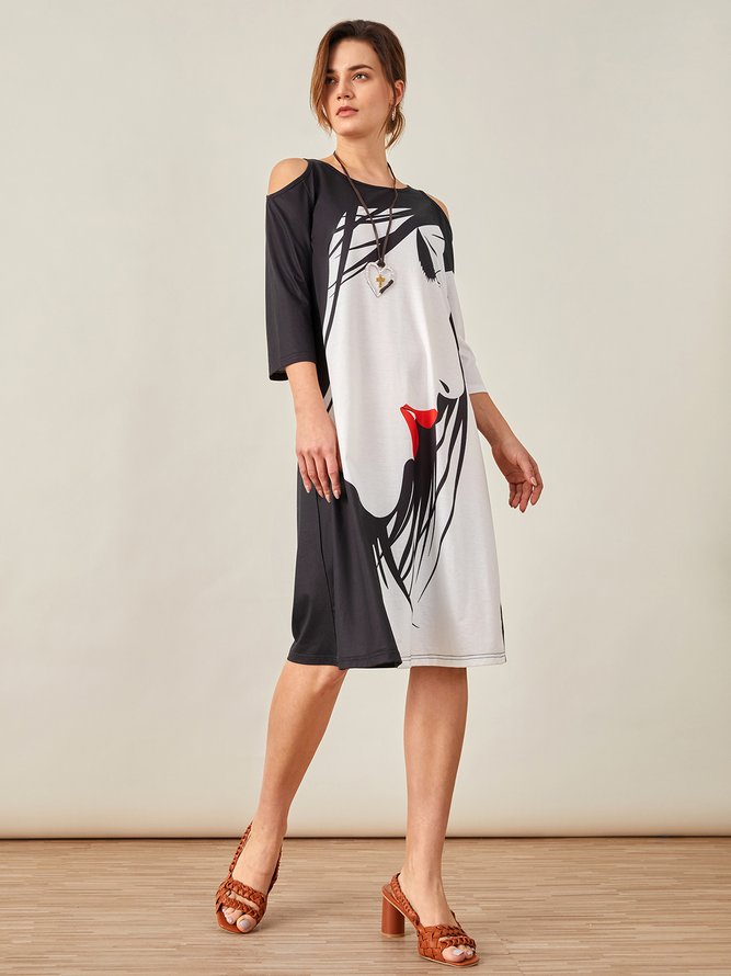 Abstract Printed Three Quarter Off The Shoulder Casual A-line Knitting Dress