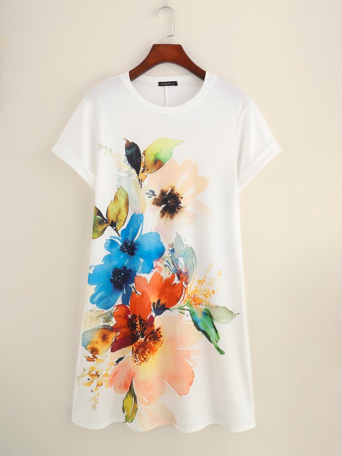 Simple Short Sleeve A-Line Printed Knitting Dress