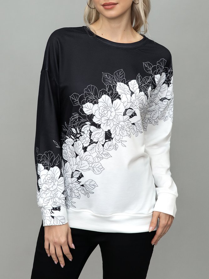Long sleeve round neck black and white mosaic floral print sweater top