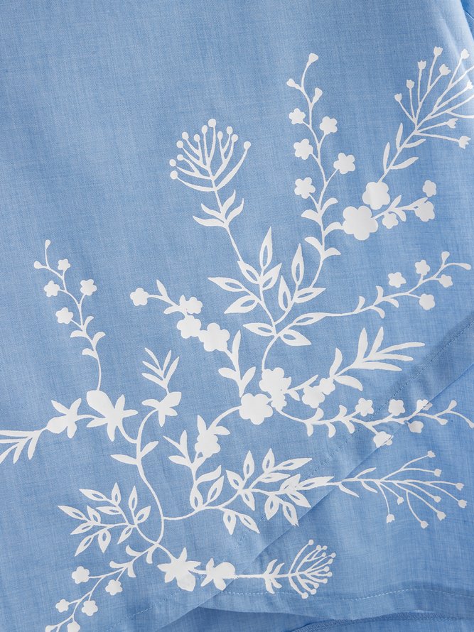 Floral  Short Sleeve  Printed  Polyester  V neck Vintage Summer Blue Top