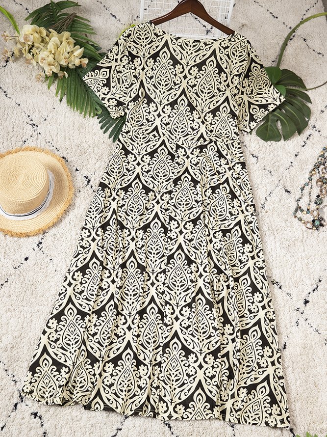 Short Sleeve Casual Floral-Print Knitting Dress