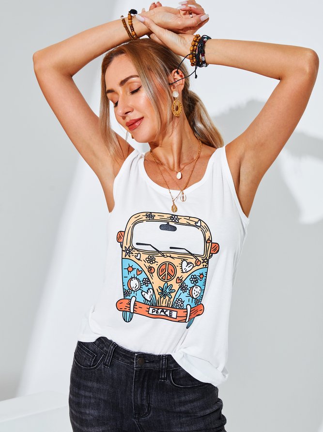 Sleeveless Cotton-Blend Printed Casual Top