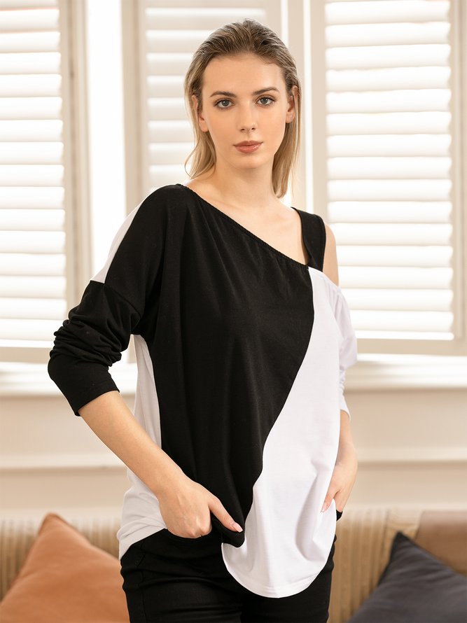 Off Shoulder Casual Cotton-Blend Long Sleeve Top