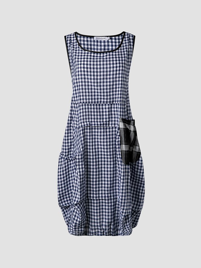 Plus Size Checkered  Summer MIdi Women Dress With Pockets