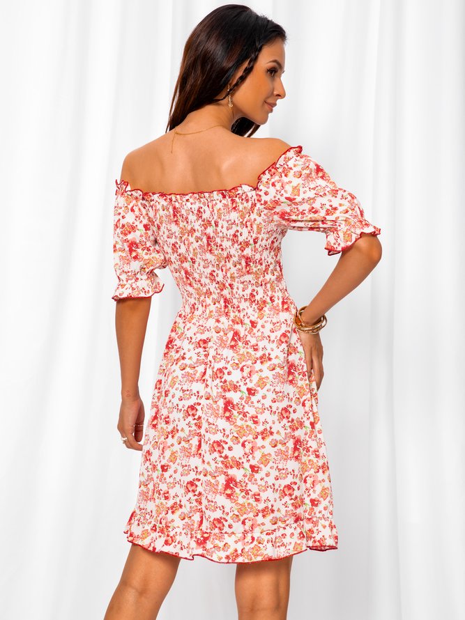 Floral Sweet A-Line Short Sleeve Weaving Dress