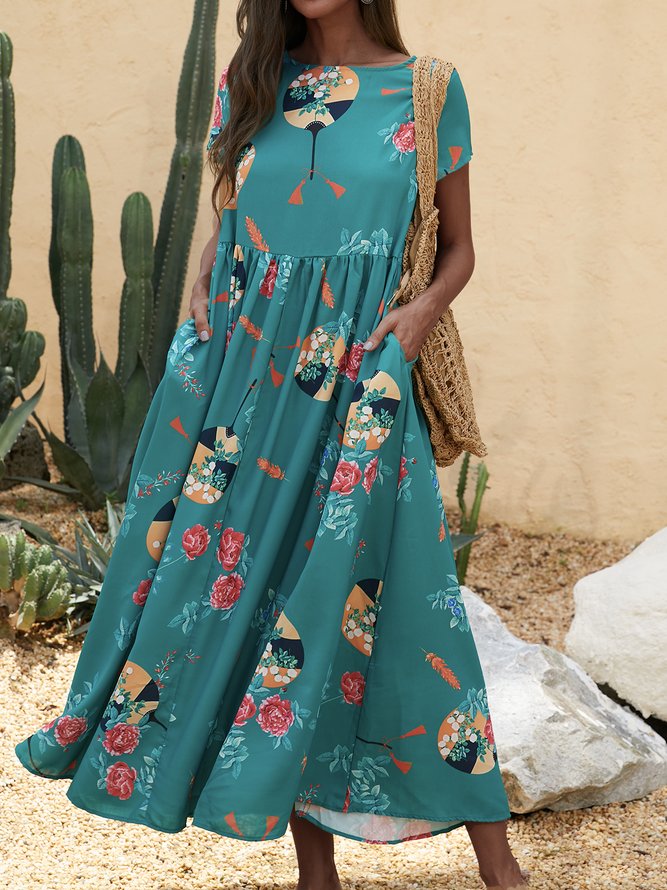 Casual Short Sleeve Cotton-Blend Floral Weaving Dress