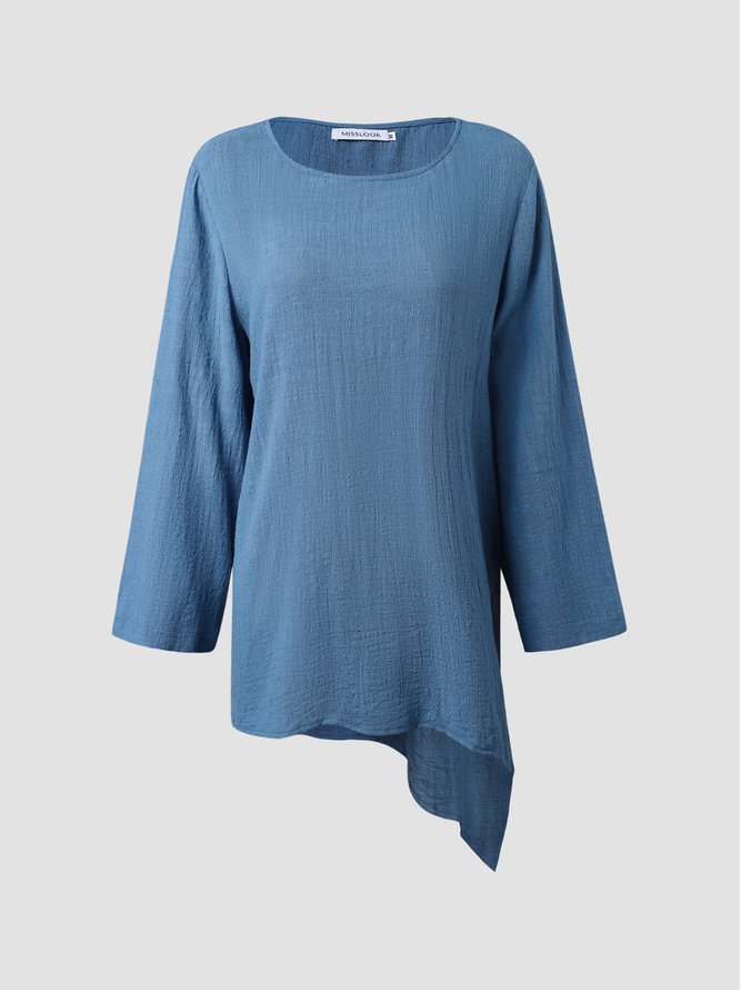 Women Cotton Long Sleeve Crew Neck Asymmetric Solid Blouse&Shirt