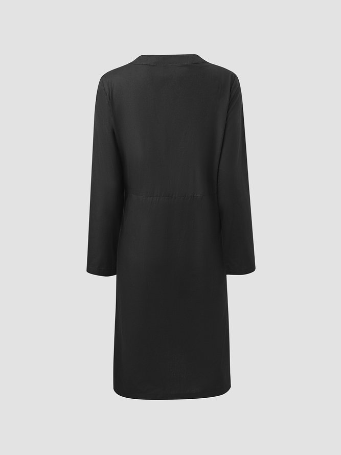 Women Plain Casual Buttoned Down Pockets Three Quarter Sleeve Linen Dress