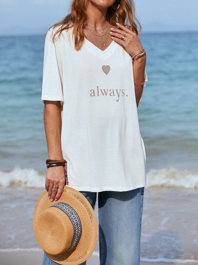 Women Casual V Neck White Short Sleeve Summer T-shirt