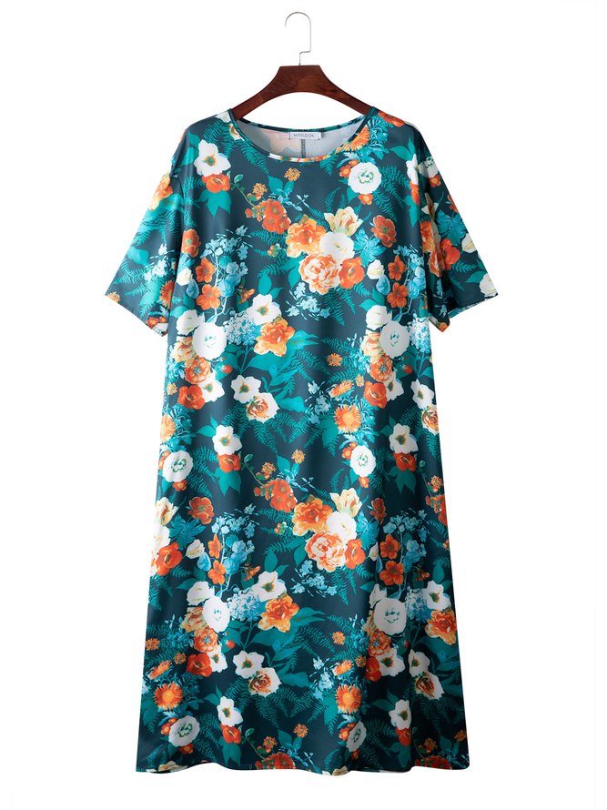 Plus Size Short Sleeve Floral Cotton Casual Weaving Dress