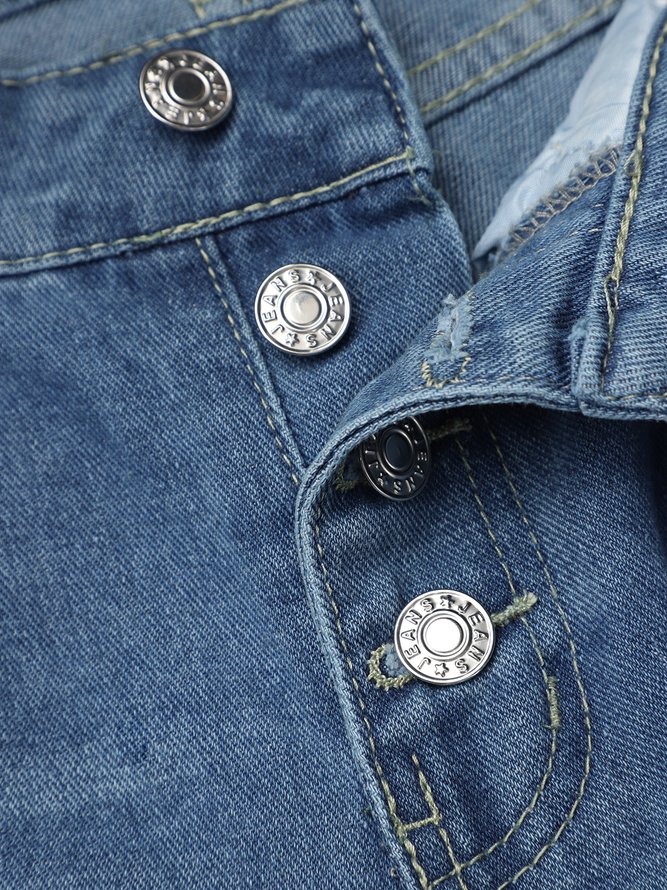 Women Casual Pockets Buttoned Jeans Blue Denim Pants