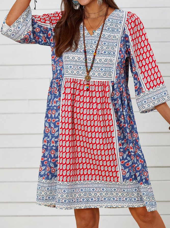 Cotton Boho Floral 3/4 Sleeve Weaving Dress