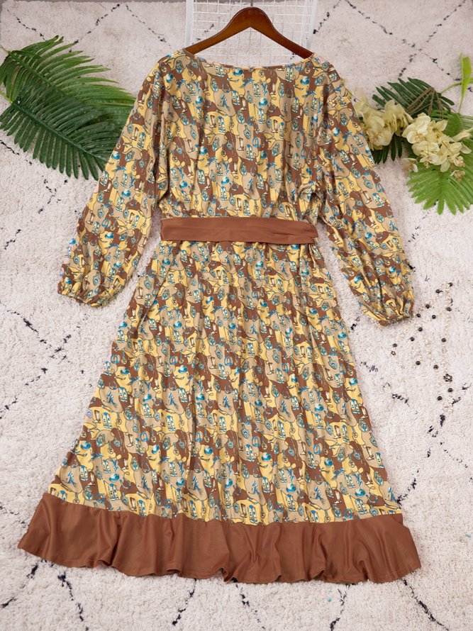 Lace-Up Floral Cotton Long Sleeve Weaving Dress With Belt