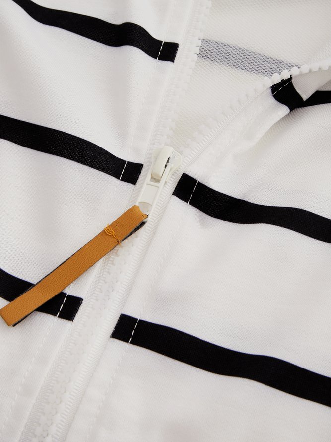 White Zipper Striped Long Sleeve Sweatshirts