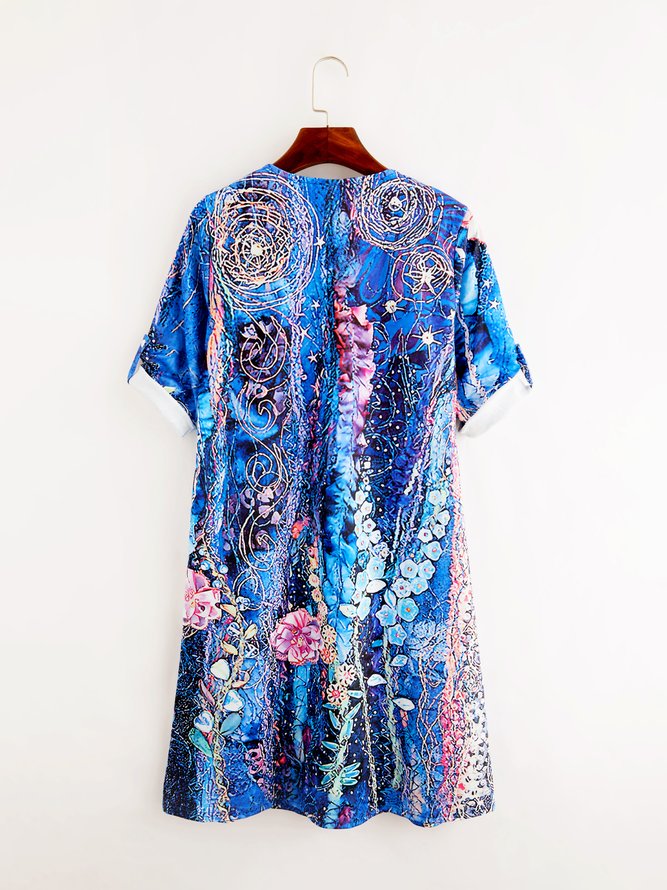 Vintage Geometric Floral Printed V Neck Casual Dress
