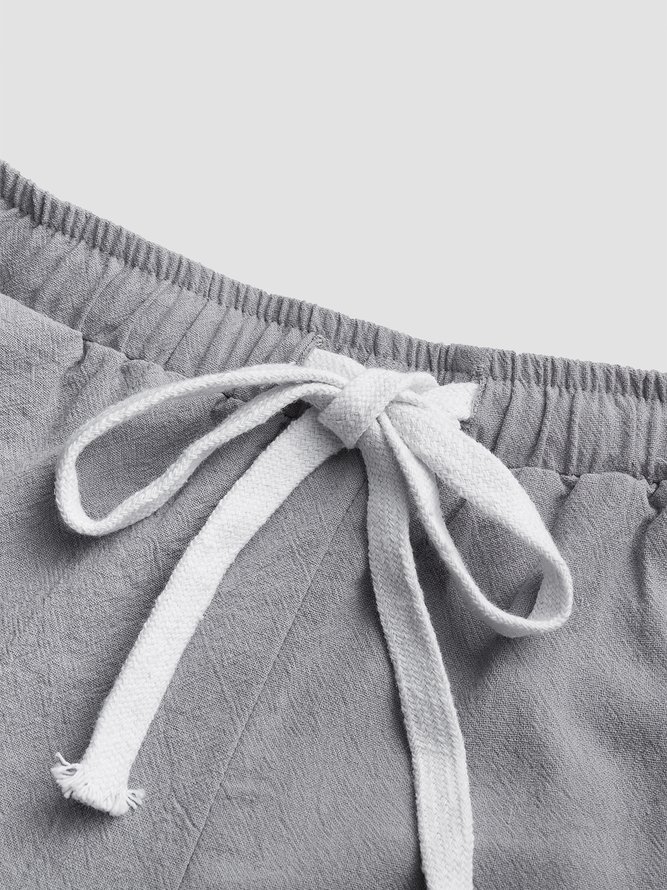 Women Folds Lace Up Elastic Waistband Shorts Stripe Linen Bloomers