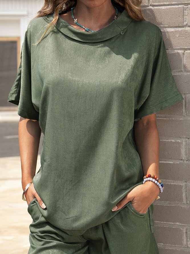 Plain Shawl Collar Short Sleeve Cotton Shirts & Tops | roselinlin