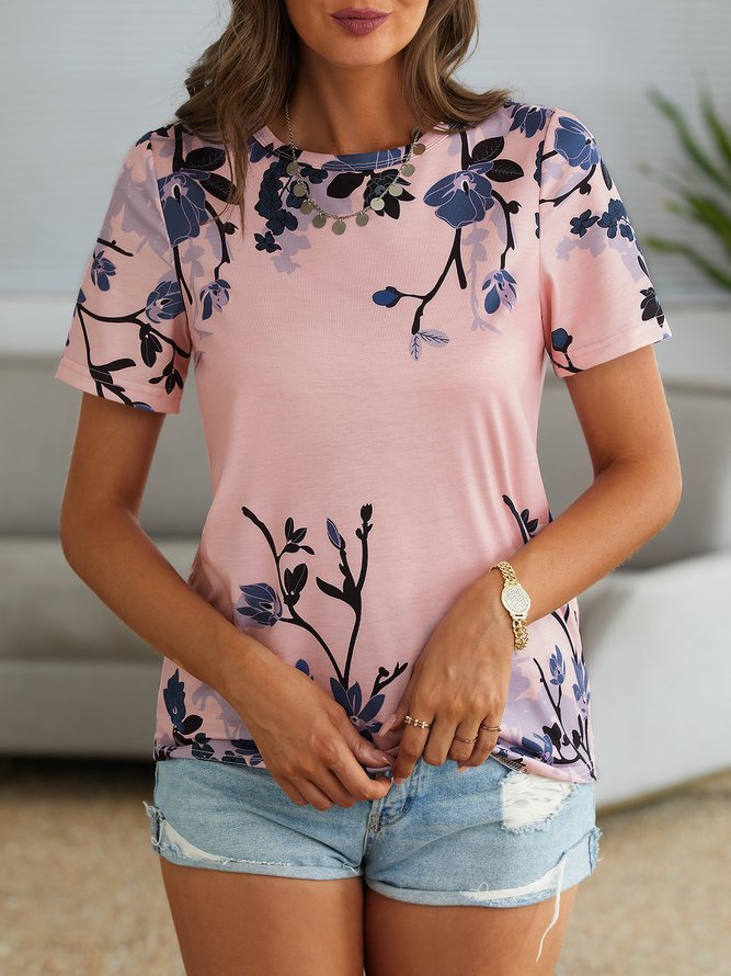 Casual Crew Neck Cotton Blends Short Sleeve Floral T-Shirt