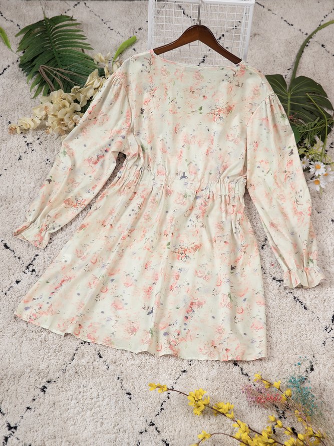 Plus Floral Print Flounce Sleeve Dress Cotton Elegant Weaving Dress